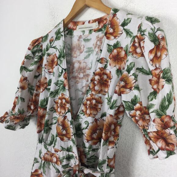 Happy X Nature Teagarden Floral Puff Sleeve Linen Wrap Midi Dress Small Coquette - Picture 6 of 13